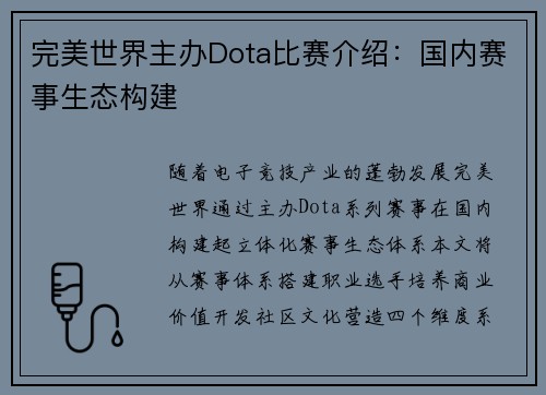 完美世界主办Dota比赛介绍：国内赛事生态构建